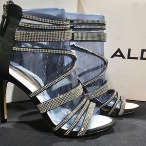 ALDO Haondra Women Rhinestone Sandals Stiletto Heel Size 7.5 Black Open Toe Shoe